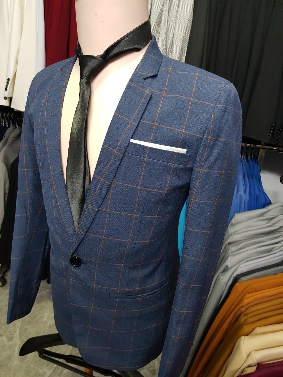 Áo vest nam 1 nút ôm body màu xanh đen sọc caro