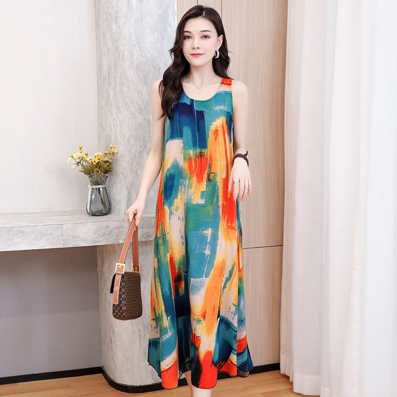 Váy đầm trung niên nữ dáng dài nhiều họa tiết V18 áo đầm kiểu thời trang mùa hè thu đông xuân mặc nh