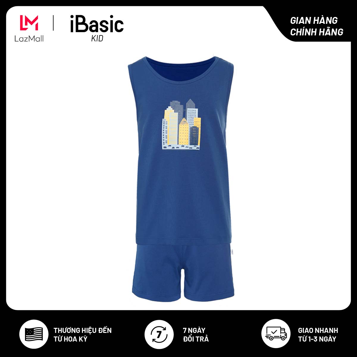 Bộ áo thun cotton mặc nhà bé trai ba lỗ hình in iBasic HOMB006T và quần HOMB006B