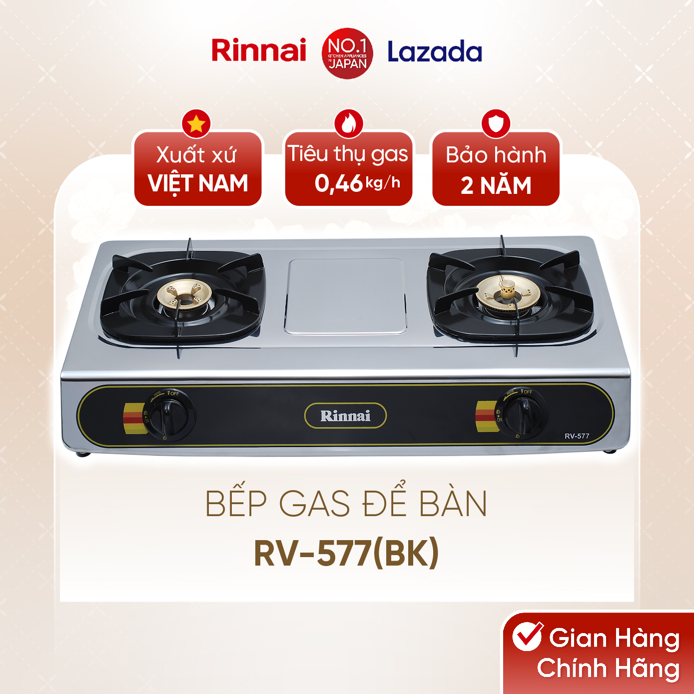 Bếp gas dương Rinnai RV-577(BK) mặt bếp inox và kiềng bếp men - Hàng chính hãng.