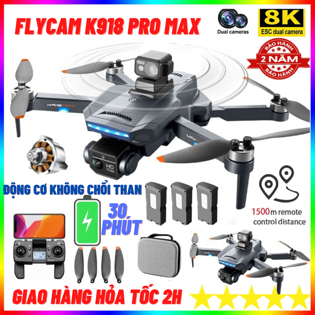 Flycam Drone Mini 8K K918 Max G.P.S Cảm Biến Tránh Vật Cản - Laycam điều khiển từ xa - Lai cam - Fly cam giá rẻ - Playcam - Phờ lai cam - Fylicam - Play camera Thời Gian Bay 30 Phút Tầm Xa 2000m