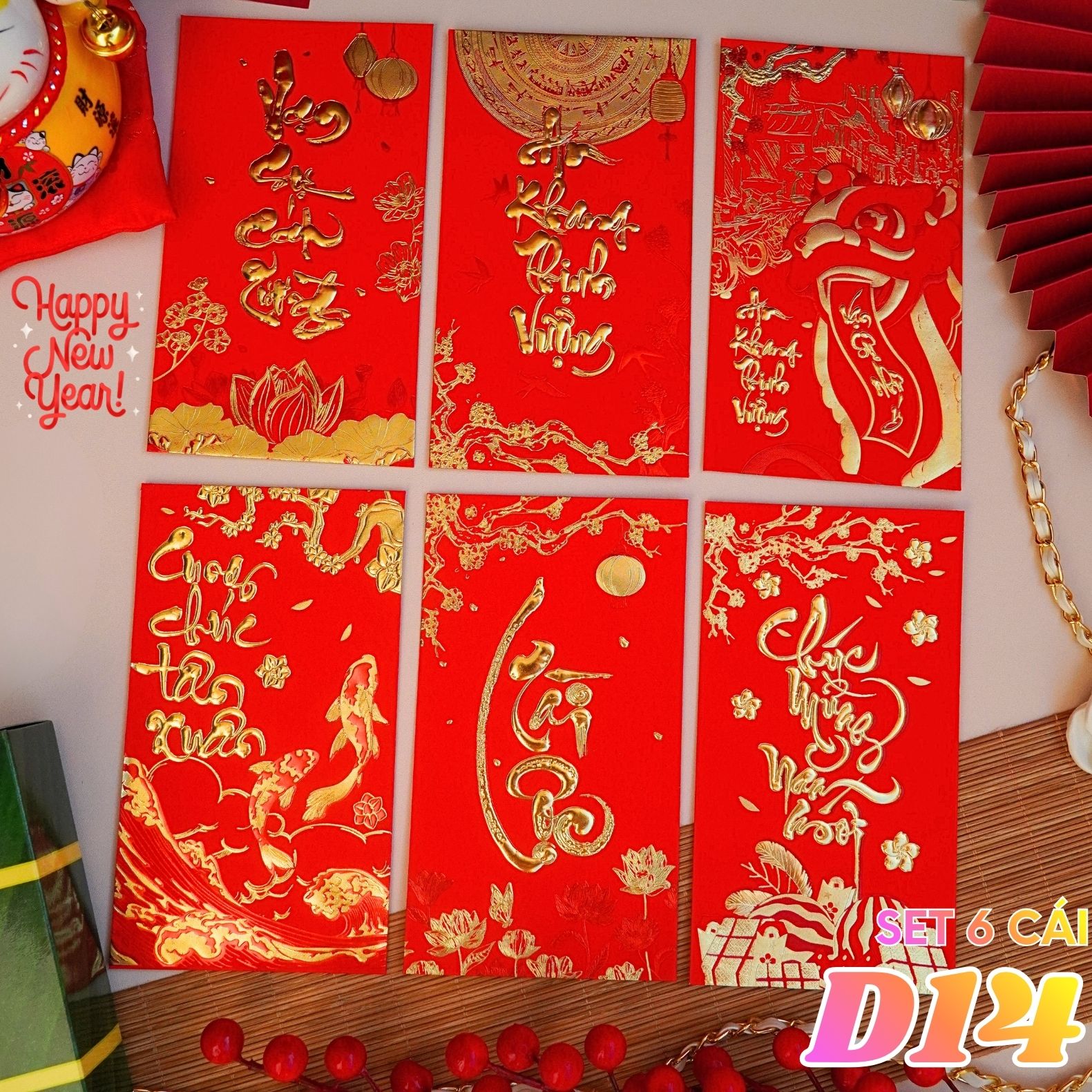6 bao lì xì vàng lixi tết Bính Ngọ 2026 chữ nổi 3D truyền thống sang đẹp - Lana Queen