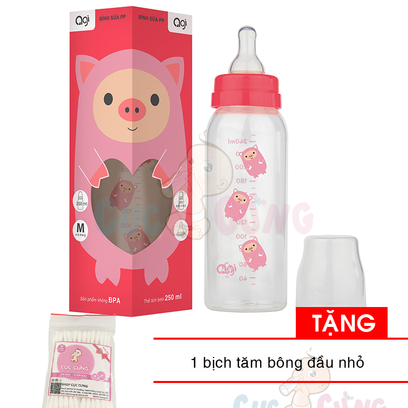Bình sữa AGI Premium binh sua cổ thường 250ml Tặng 1 gói tăm bông đầu nhỏ - binh sua