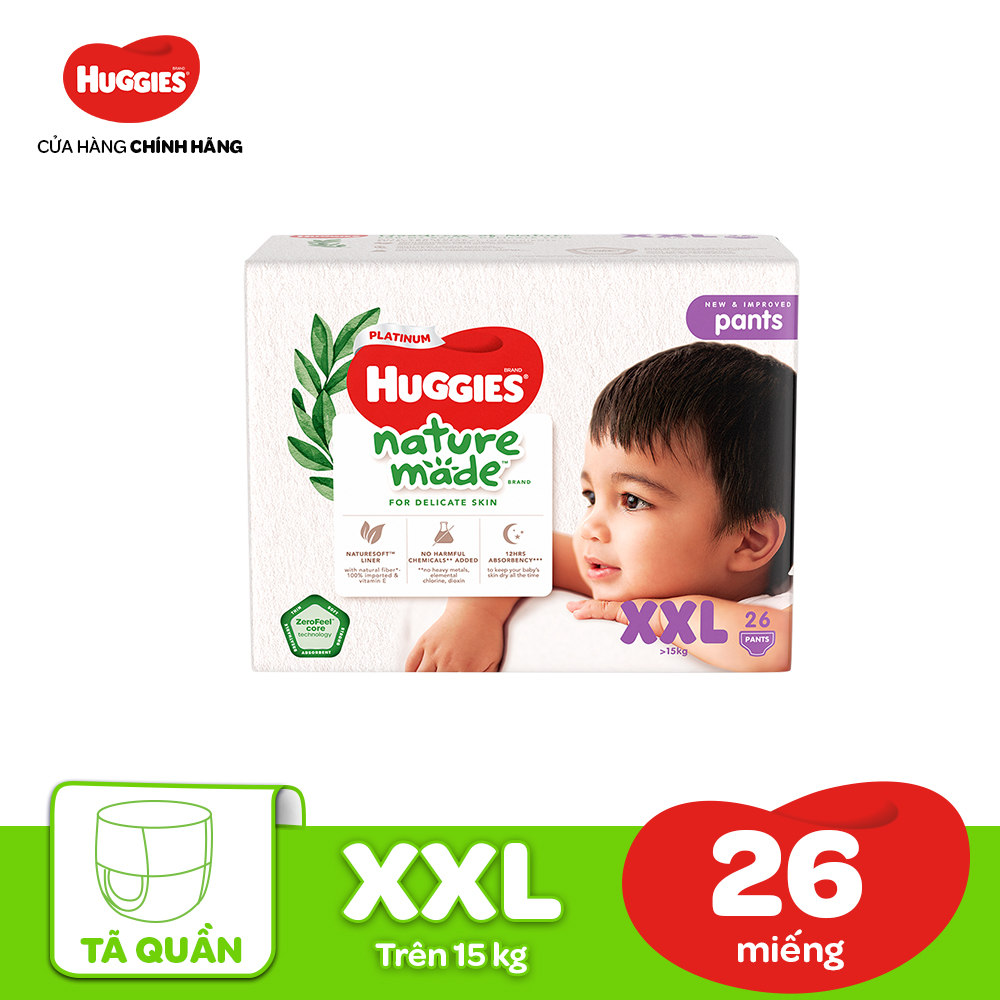 [20h 7-10.8 QUÀ TẶNG ĐƠN 399K] Tã/Bỉm quần HUGGIES PLATINUM NatureMade XXL26 (Trên 15kg)-Gói Jumbo 26 miếng