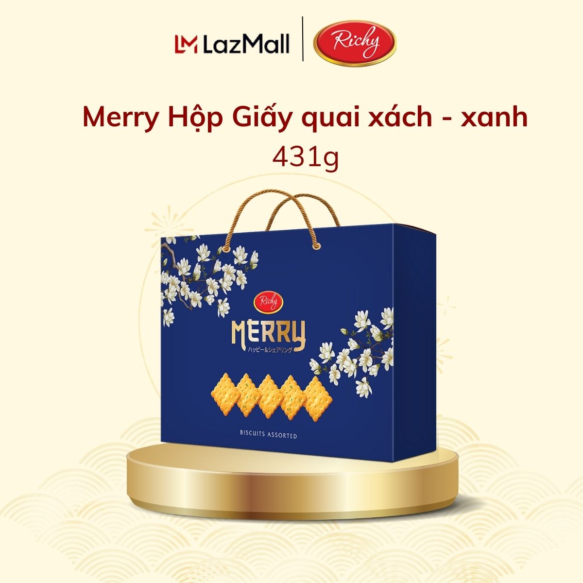 [NEW] Hộp Bánh Quy Tết Merry Richy Hộp Giấy Quai Xách 431g - Bánh Kẹo Richy