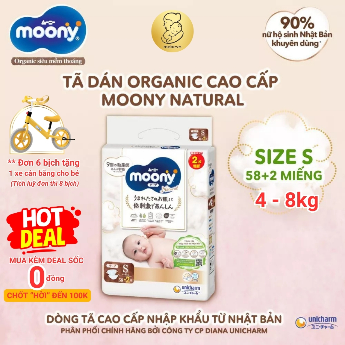 [Voucher 10% toàn gian] Bỉm moony trắng bỉm moony natural chính hãng Dán/Quần đủ size NB62/S58/M46/L