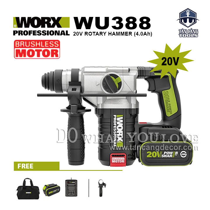 Máy khoan búa dùng pin Li-ion 20V Worx WU388, 24mm, 3.2kg, màu xanh