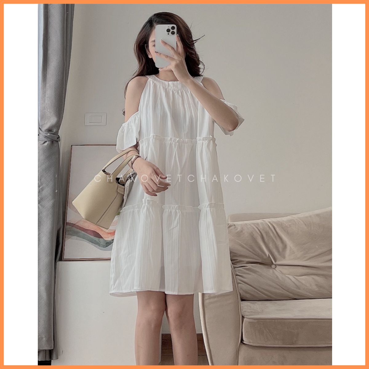 Váy babydoll dáng rộng thiết kế cổ yếm tay bồng trễ vai phối viền bèo tiểu thư dễ thương V.8695 - CH