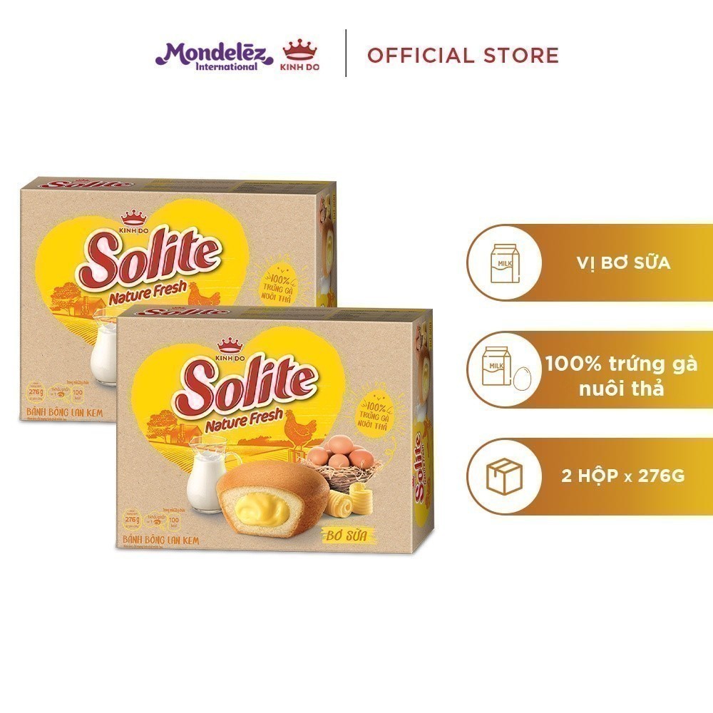 Bánh Bông Lan Solite Nature Fresh Kem Bơ Sữa Được Làm Từ 100% Trứng Gà Nuôi Thả Combo 2 Hộp X 276G
