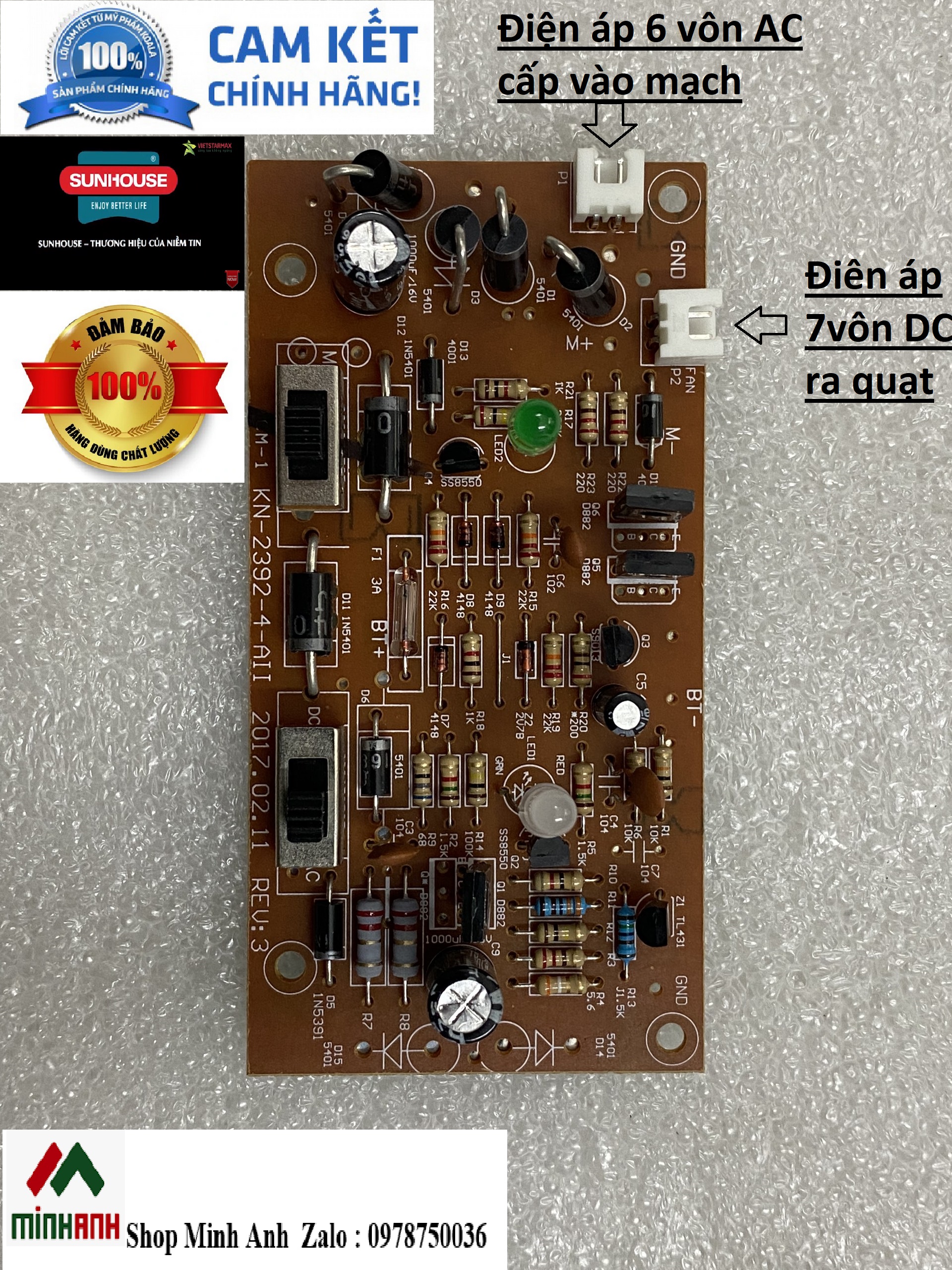 CHÍNH HÃNG - Linh kiện mạch quạt sạc tích điện Sunhouse SH762 và các phụ kiện.Có thể dùng độ chế các