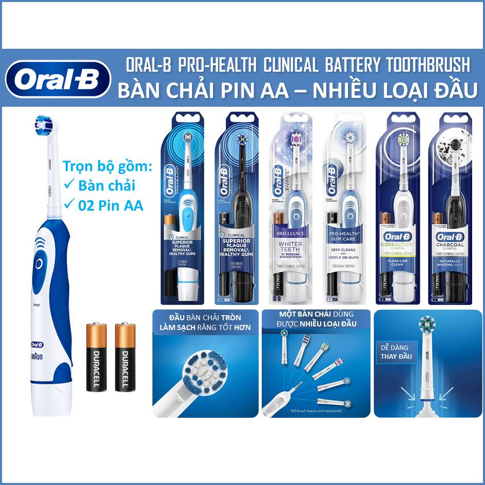 Bàn Chải Đánh Răng Pin Oral - B Clinical - Nhiều Loại Đầu - Dùng Pin Aa - Hẹn Giờ 2 Phút