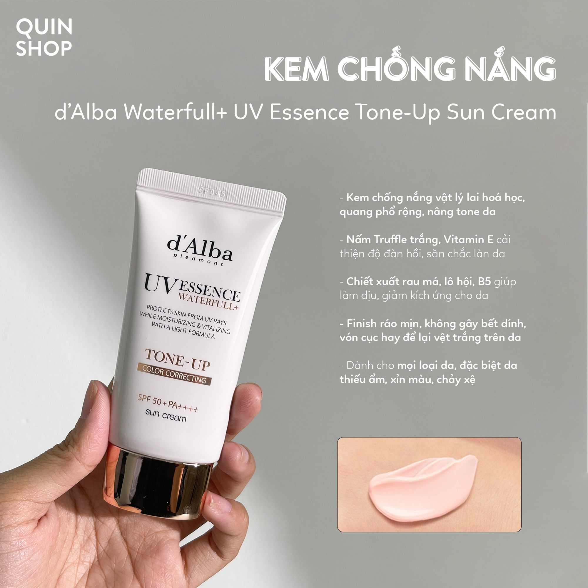Kem Chống Nắng Dưỡng Ẩm, Ngừa Lão Hoá, Làm Sáng Da d’Alba Waterfull+ UV Essence Tone-Up Sun Cream SPF50+ PA++++