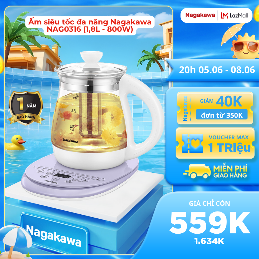 Ấm siêu tốc Nagakawa NAG0316 dung tích 1.8L ấm thủy tinh đa chức năng pha trà hoặc đun nấu thực phẩm
