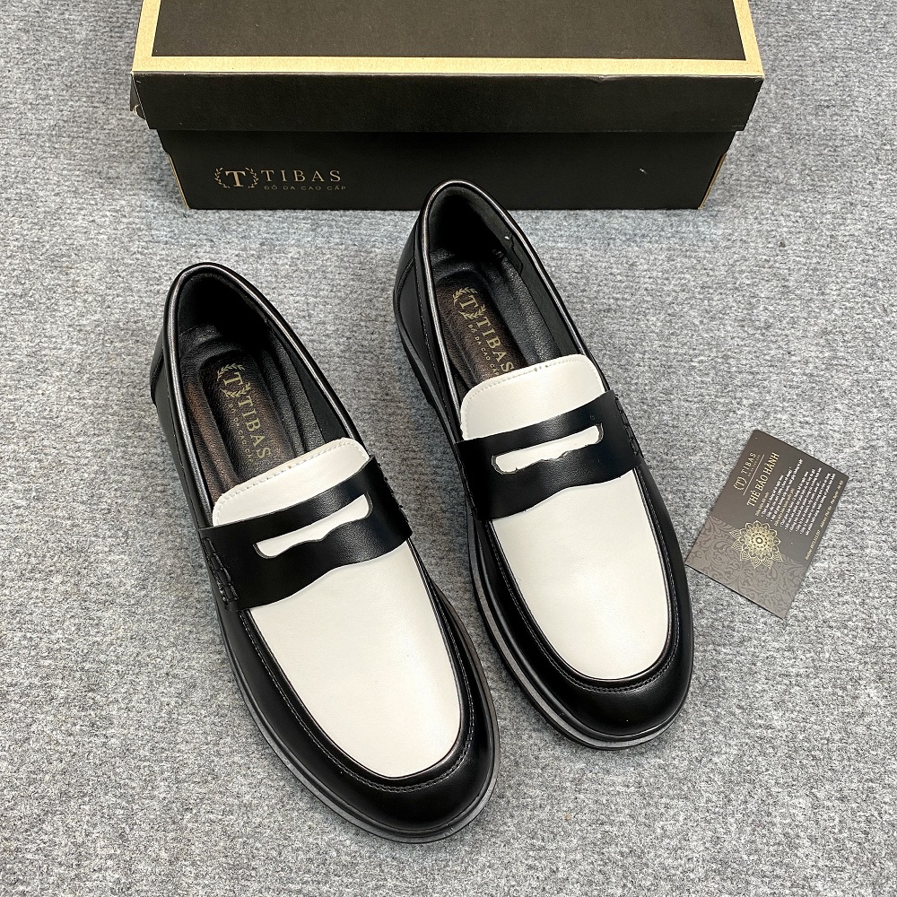 [Hoàn Tiền 15%] Giày Penny Loafer Black White Da Xít Cao Cấp TIBAS, Giày Lười Sơn Tùng Hot Trend