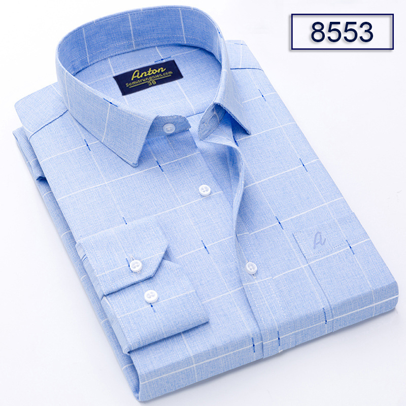 Áo sơ mi nam dài tay công sở trung niên thương hiệu Anton vải sợi tre kẻ caro màu xanh dương – 8553