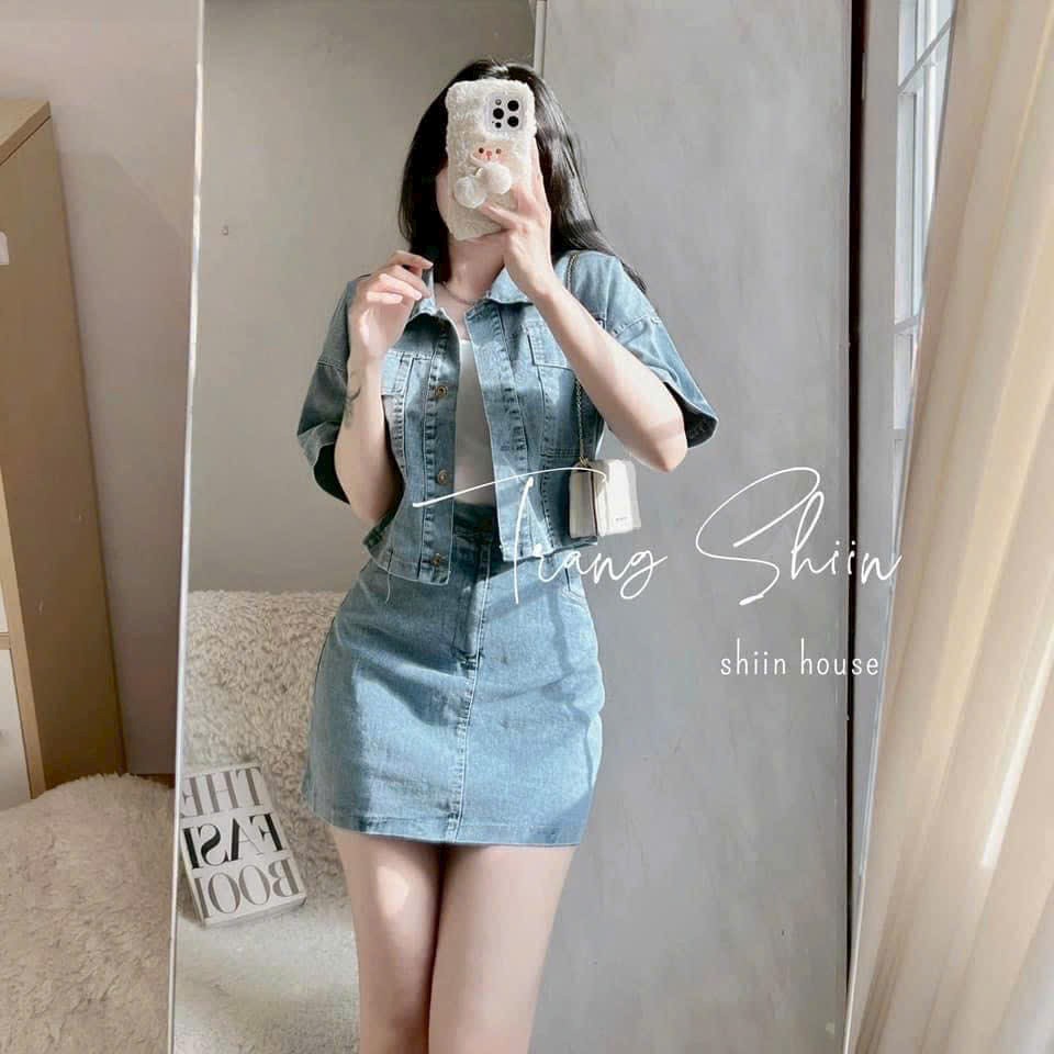 Set bộ jean áo khoác tay lửng kèm chân váy ngắn Set jean không kèm lót phong cá tính DX