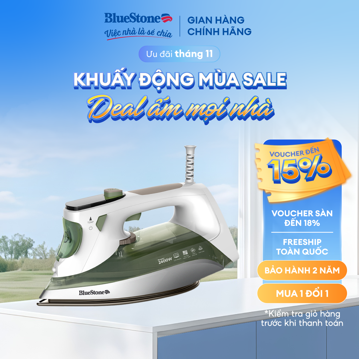 Bàn ủi hơi nước cao cấp 2400W Bluestone SIB-3879 - Mặt đế ceramic - Chức năng chống vôi hóa chống nh