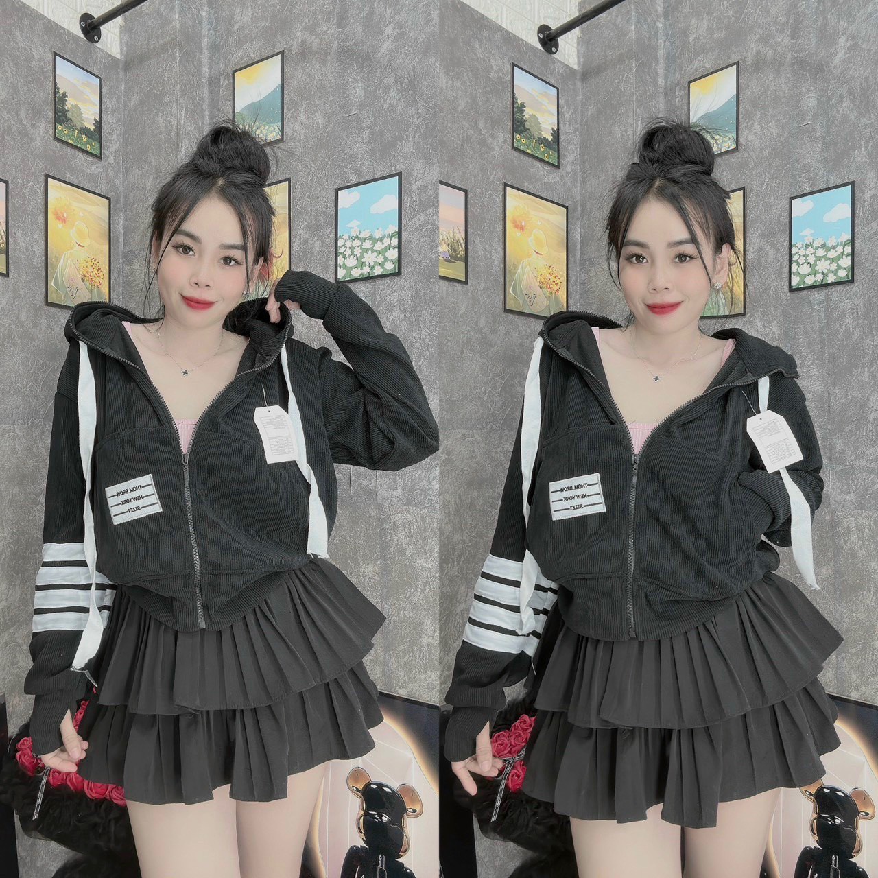 ÁO KHOÁC NHUNG GÂN TĂM NỮ DÁNG LỬNG THÊU LOGO CÓ TÚI TRONG THỜI TRANG