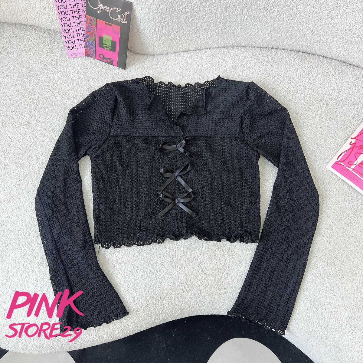 Áo Lưới Tay Dài Cổ V PINKSTORE29 Đính Nơ Dễ Thương A5993
