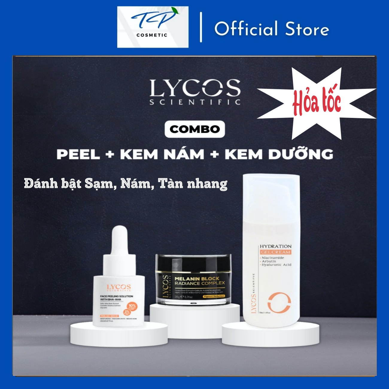 Combo 3 - Sáng Da Mờ Nám Lycos : Tinh chất Peel Da Lycos + Kem Nám Đêm Lycos + Dưỡng ẩm Lycos