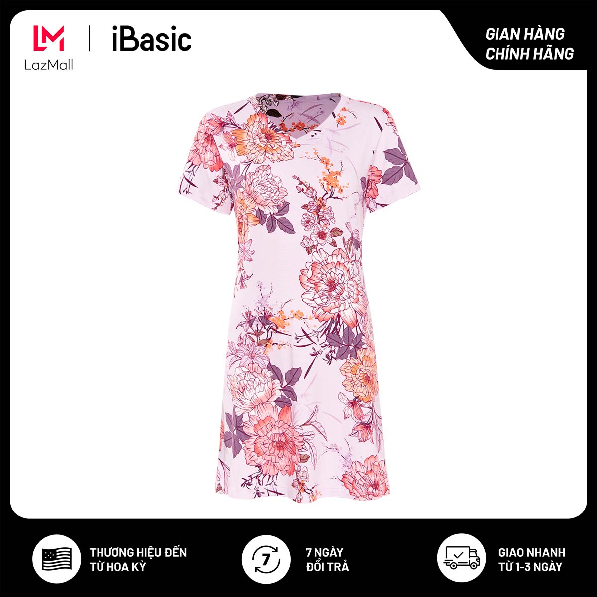 Đầm mặc nhà nữ iBasic thun lạnh tay ngắn hoạ tiết 7916-3