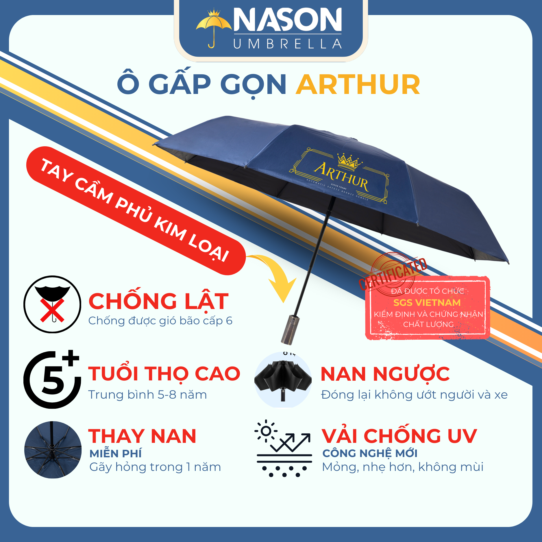 Ô dù đi mưa tự động thông minh  2 chiều THE ARTHUR Nason Umbrella - Tay cầm phủ kim loại cao cấp màu