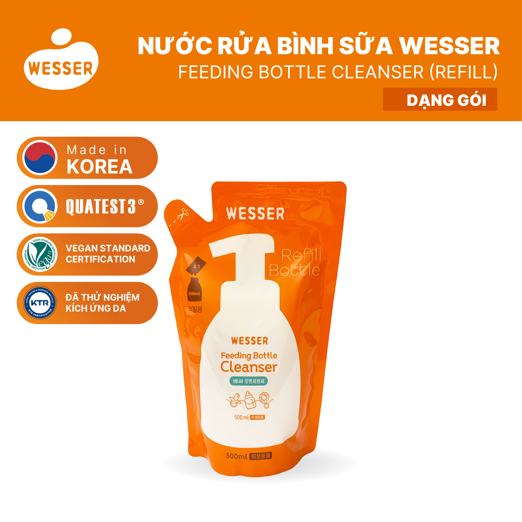 Nước rửa bình sữa Wesser dạng gói 500ml (Nhập khẩu)
