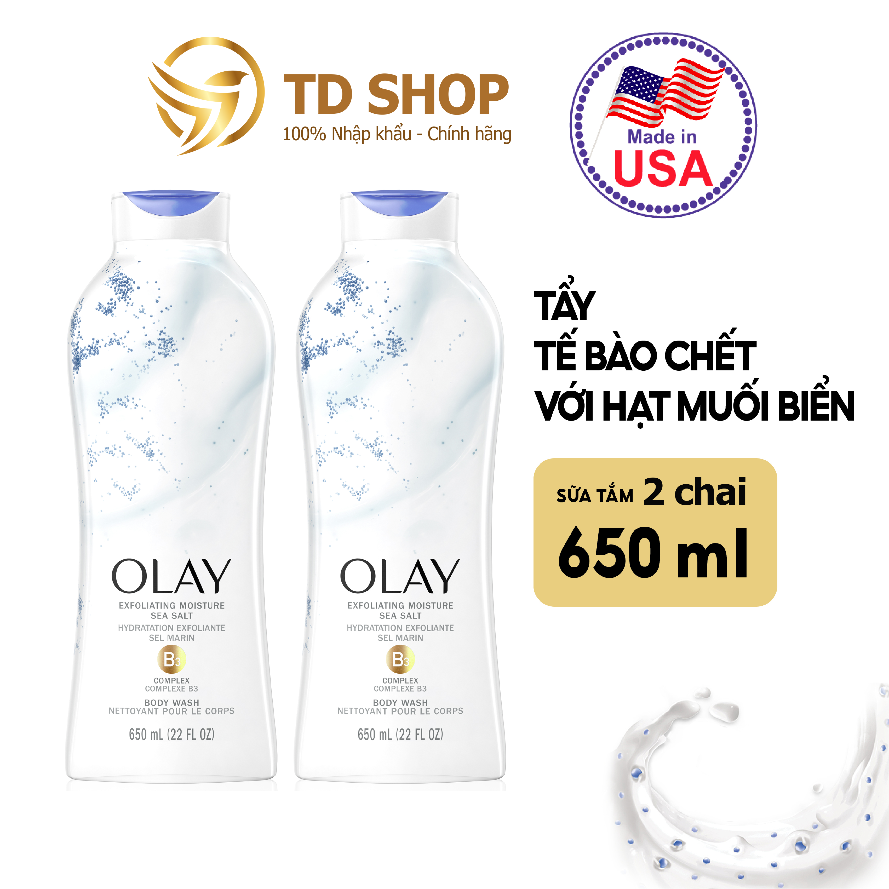 Combo 2 chai Sữa tắm Olay 650ml Muối biển tẩy tế bào chết - TD Shop