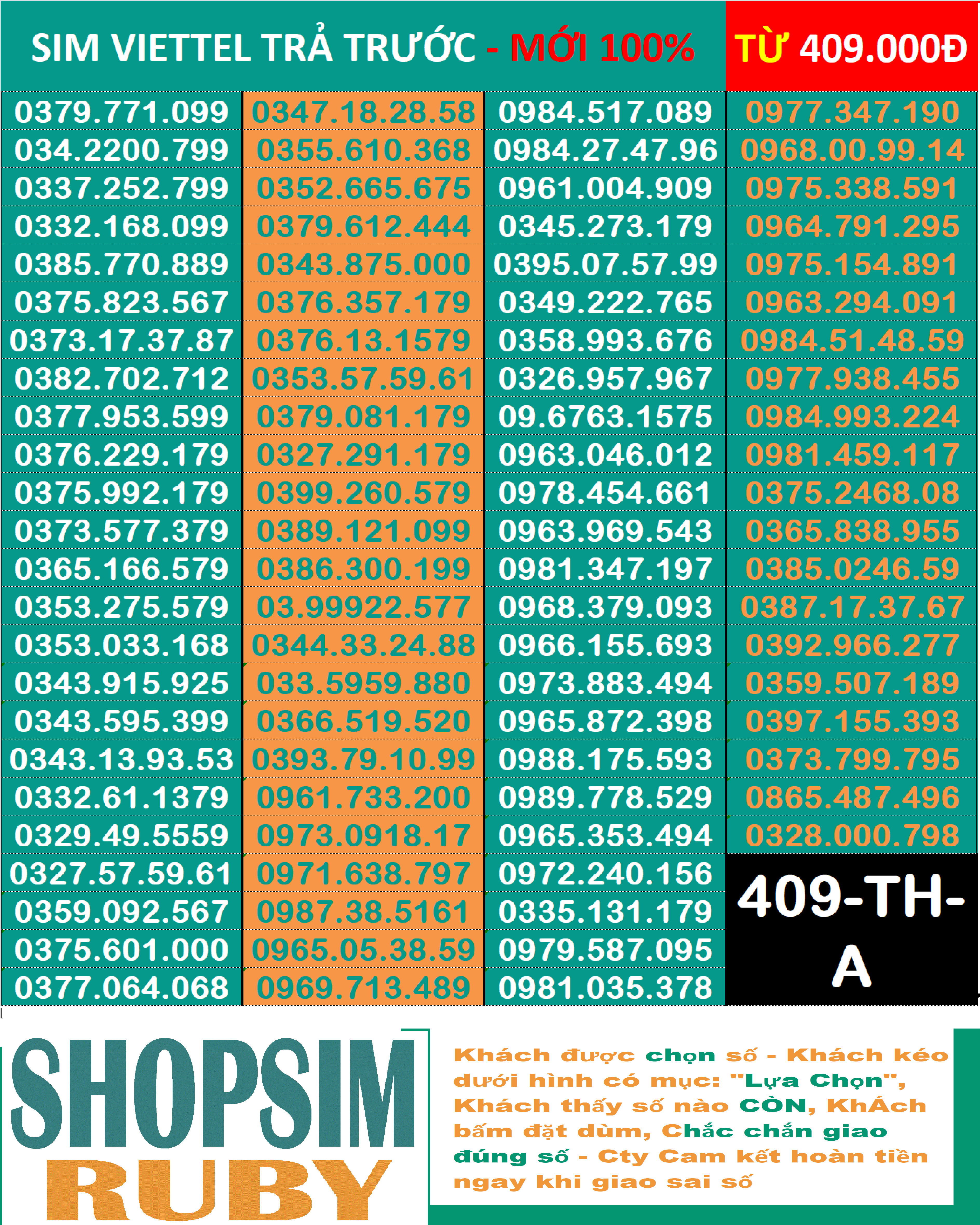 Sim Viettel 09 Trả trước đẹp chính hãng -Chọn số - Nghe gọi Nhắn Tin 4G Chưa Kích hoạt Chưa đứng tên ai và chưa làm bất cứ dịch vụ nào Sim gói cước Tomato và kèm theo nhiều gói 4G hấp dẫn đồng giá 409.000đ - Shopsim Ruby