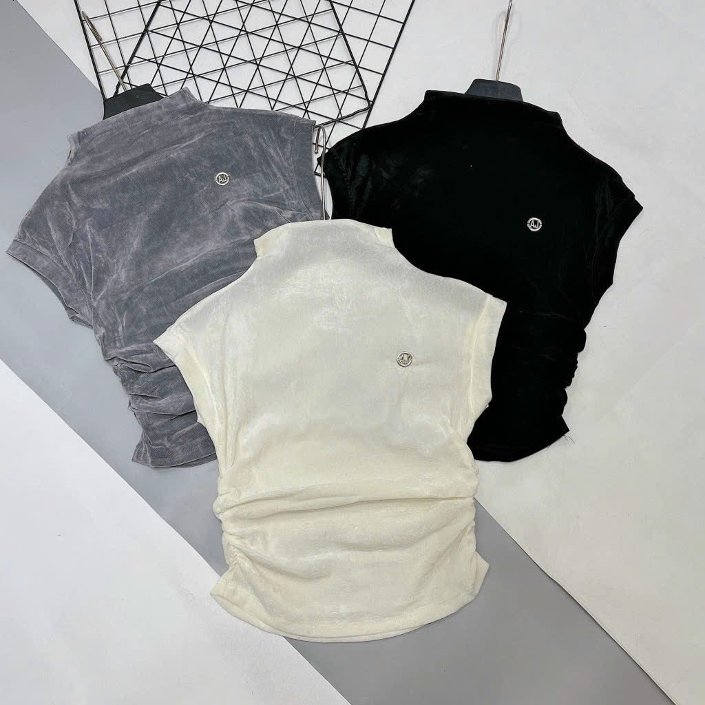 Áo nhung nhám tay hến cổ lọ có tag cài hot hit 3 màu Áo tay cộc hến chất nhung nhám kèm tag