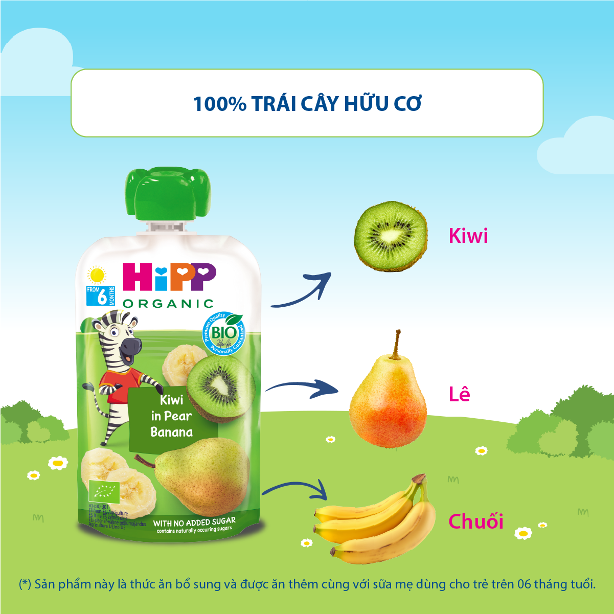 Dinh dưỡng 100% Trái cây nghiền Organic HiPPiS Kiwi Lê Chuối 100g dành cho bé từ 6 tháng tuổi