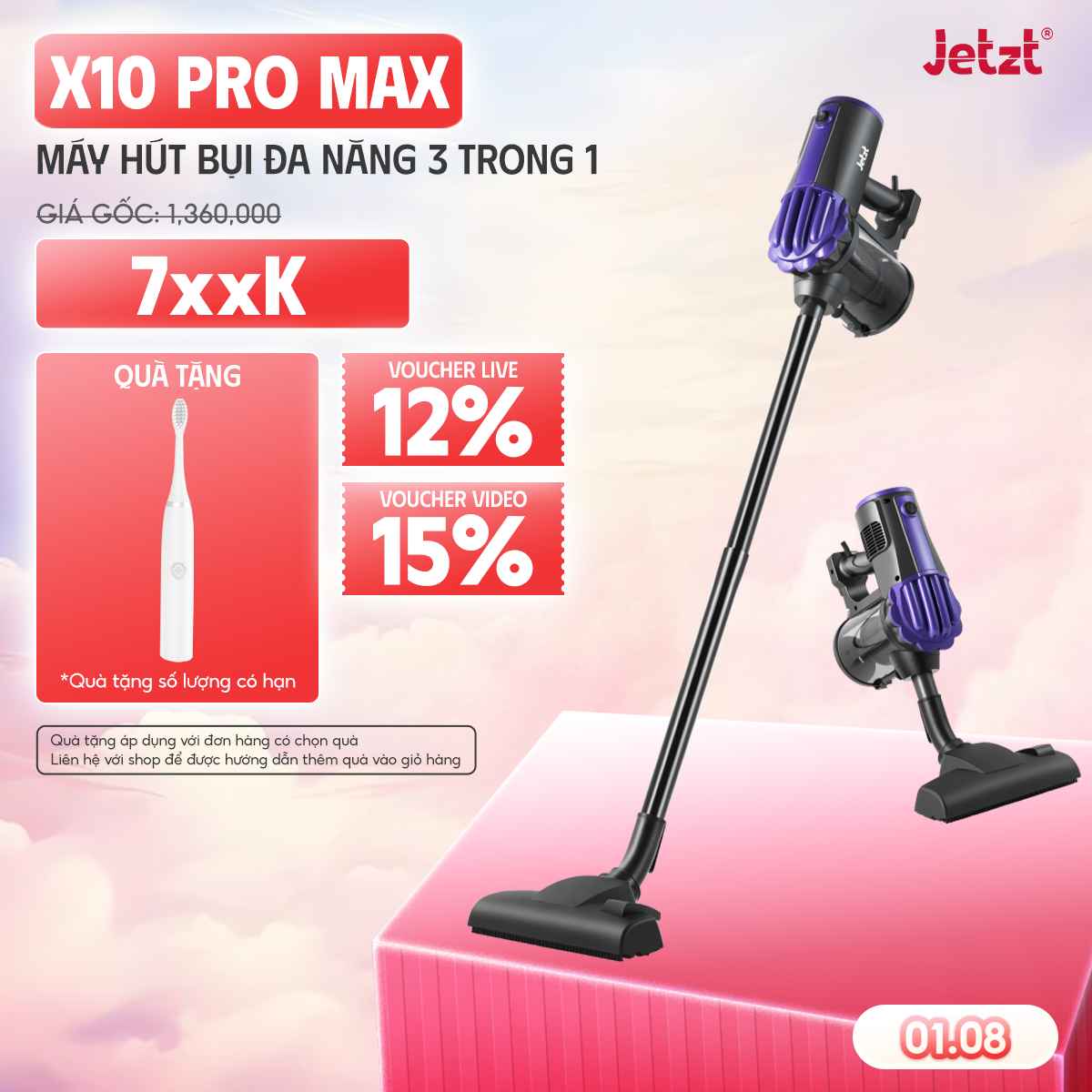 Máy hút bụi cầm tay có dây JETZT X10 PRO - Dung lượng 0.8L, màu Đen