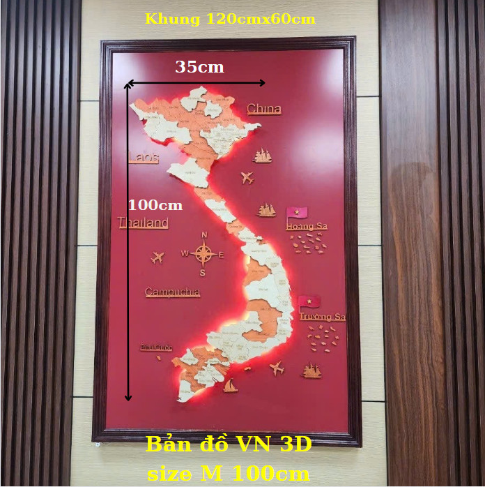 Tranh Gỗ Bản Đồ Việt Nam dán tường decor dày 20mm kiểu 3D nổi cực đẹp led 16 triệu màu có điều khiển