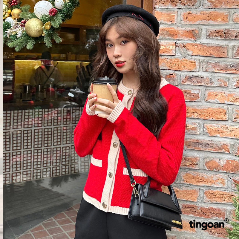 TINGOAN® - Áo len cardigan 4 túi đen viền đỏ JENNIFER CARDIGAN/DR