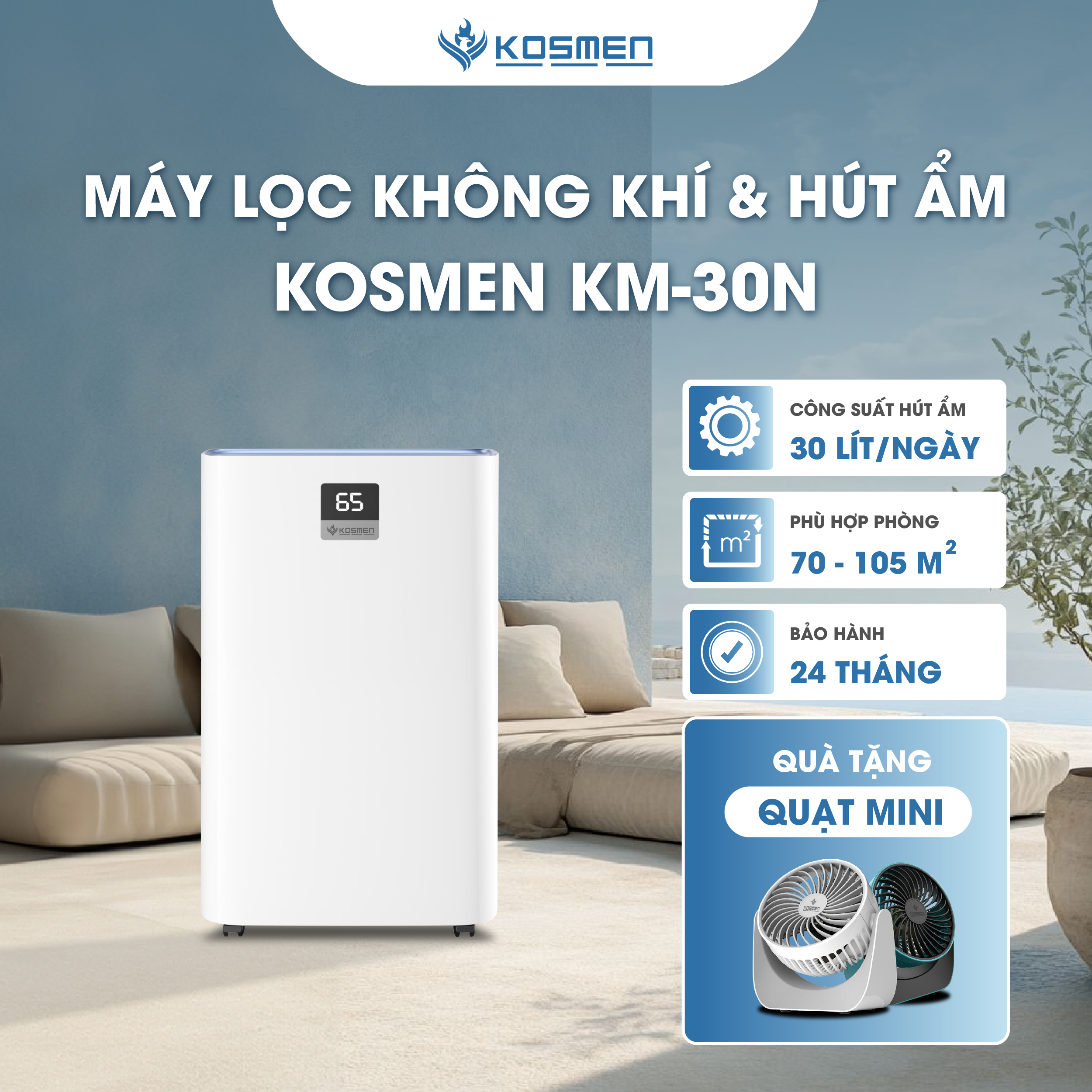 Máy hút ẩm và lọc không khí Kosmen KM-30N - Thiết bị đa năng cho không gian sống khỏe mạnh