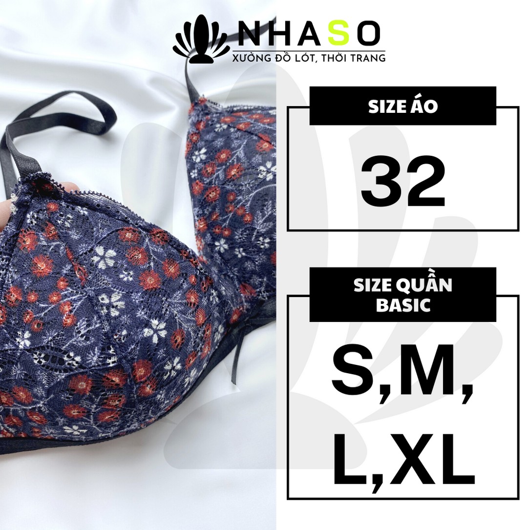 Bộ đồ lót ren 🔥NS020 hoa nhí xanh đậm không gọng mút vừa gợi cảm quần tam giác Nhà Sò