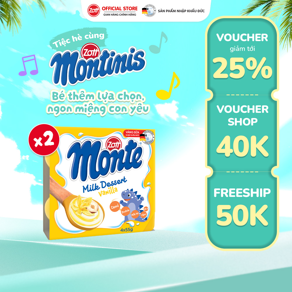 Giao Hoả tốc - COMBO 2 vỉ Váng sữa Zott Monte vị Vani nhập khẩu từ ĐỨC (vỉ - 55g x 4 hũ)