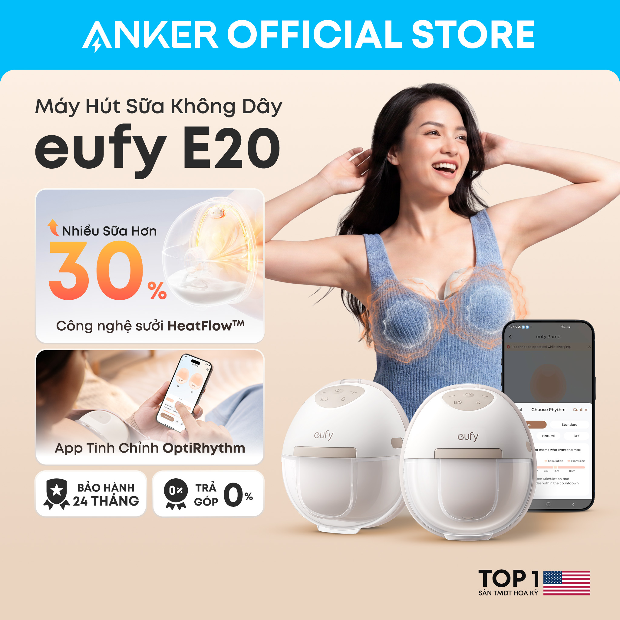 Máy hút sữa không dây Eufy E20 sưởi ấm 3 mức tăng 30% sữa app tinh chỉnh 7 lực hút chuẩn y khoa bảo hành 24 tháng