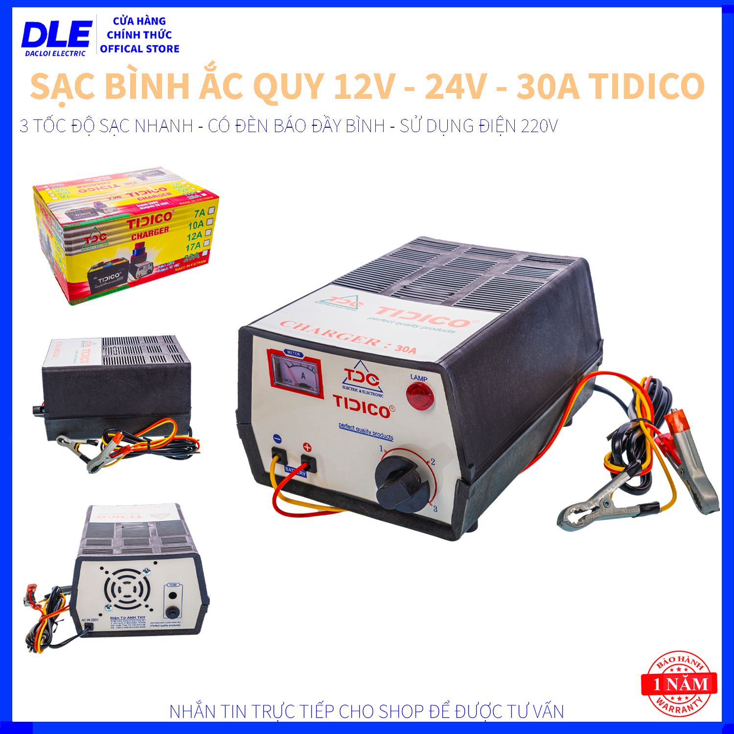 MÁY SẠC BÌNH ẮC QUY VÀ PHỤC HỒI BÌNH ẮC QUY 12V - 24V - 30A - TIDICO - 3 TỐC ĐỘ SẠC