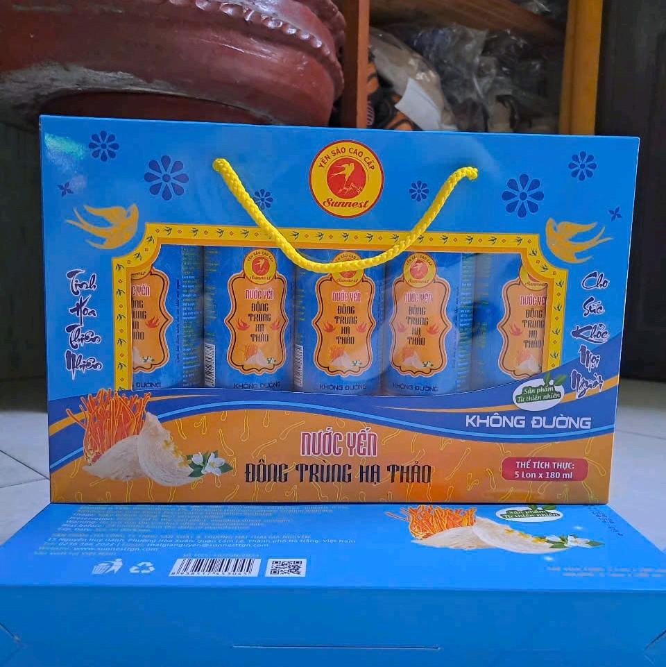 Nước yến KHÔNG ĐƯỜNG đông trùng hạ thảo hộp 5 lon dành cho người lớn và trẻ em với 5% yến sào-180ml