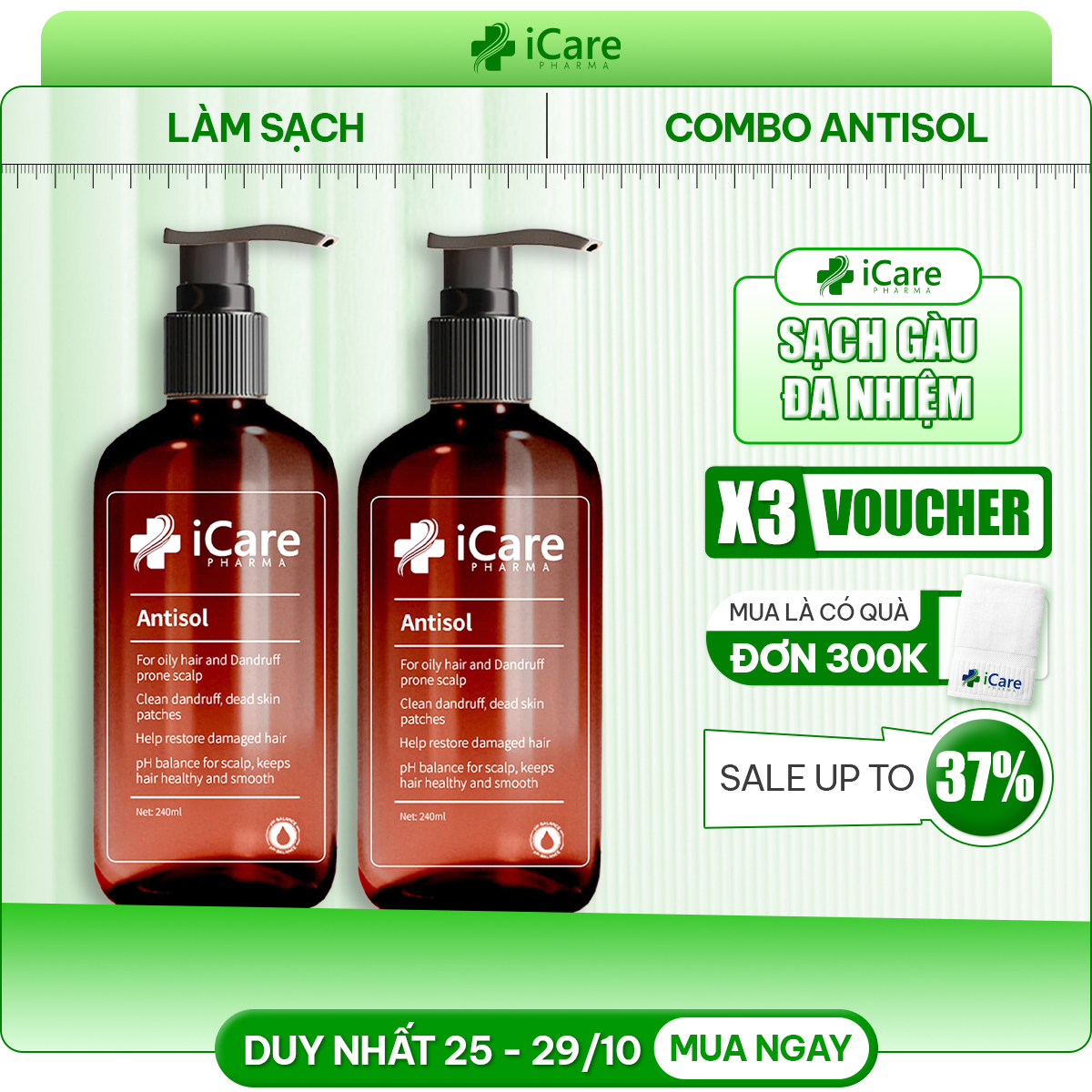 Combo 02 Chai Dầu Gội Hỗ Trợ Gàu Ngứa Da Đầu Antisol iCare Pharma