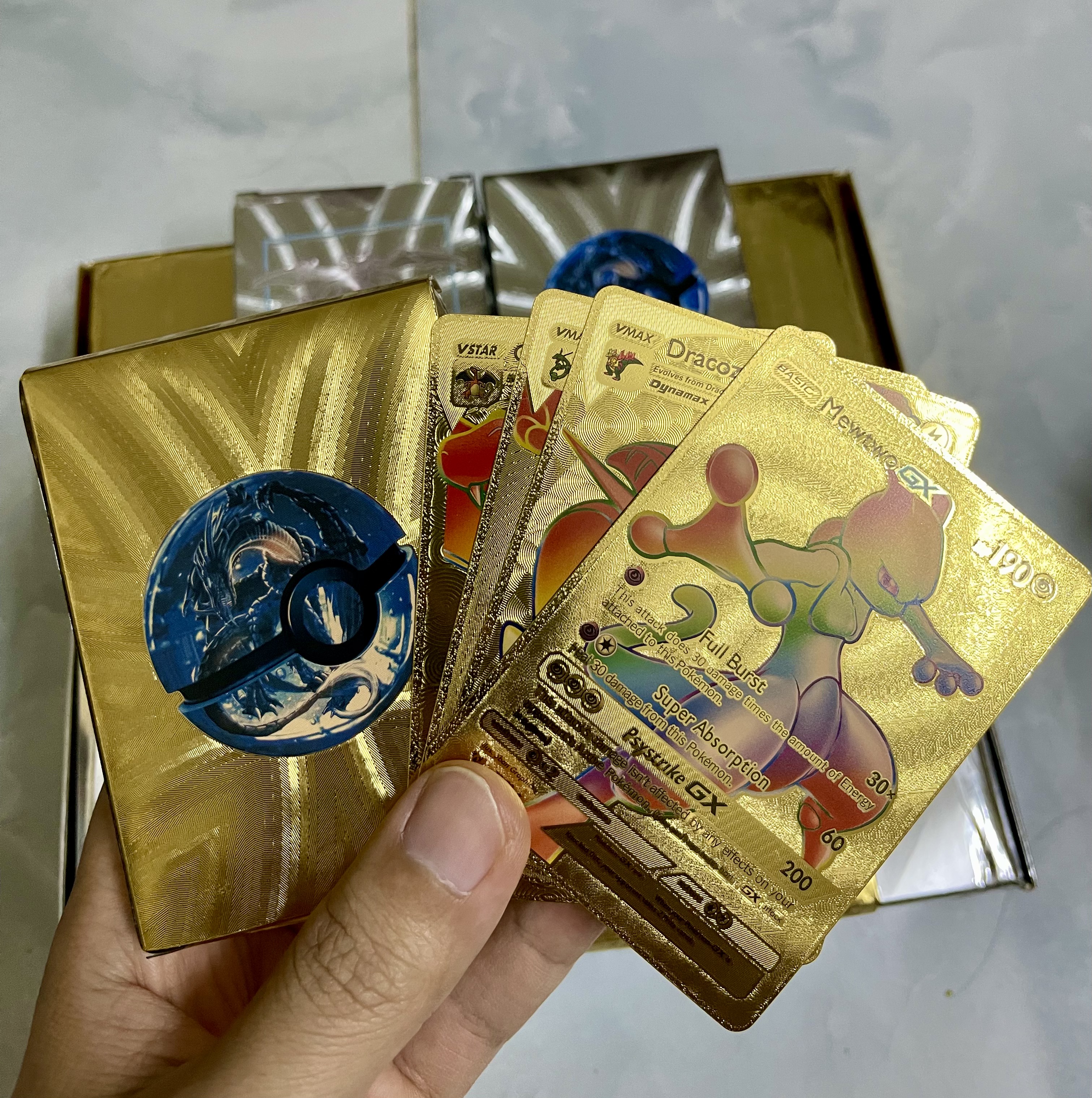 Set Thẻ bài Pokemon vàng cầu vồng- bạc cầu vồng 55 lá tiếng Anh (Tặng sticker pokemon)