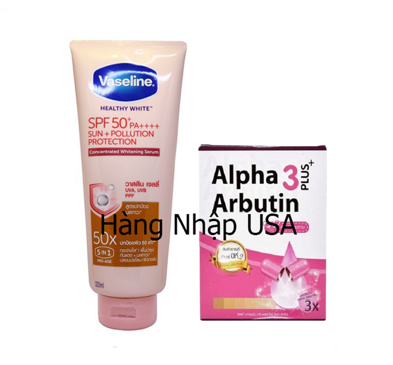 Combo Serum trắng da và chống nắng cao cấp 5in1 Vaseline 50x 320ml + hộp Viên kích trắng Alpha Arbutin