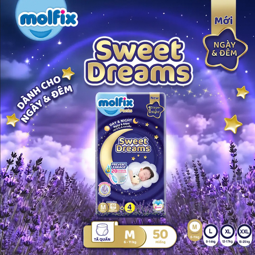 Tã Quần Molfix Sweet Dreams Jumbo M50/L44/XL38/XXL34