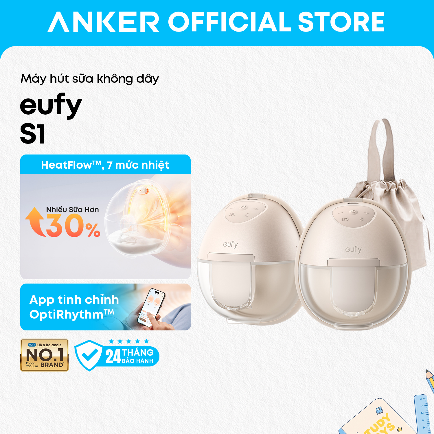 Máy hút sữa không dây Eufy S1 sưởi ấm 7 mức tăng 30% sữa app tinh chỉnh 7 lực hút chuẩn y khoa tặng kèm túi đựng