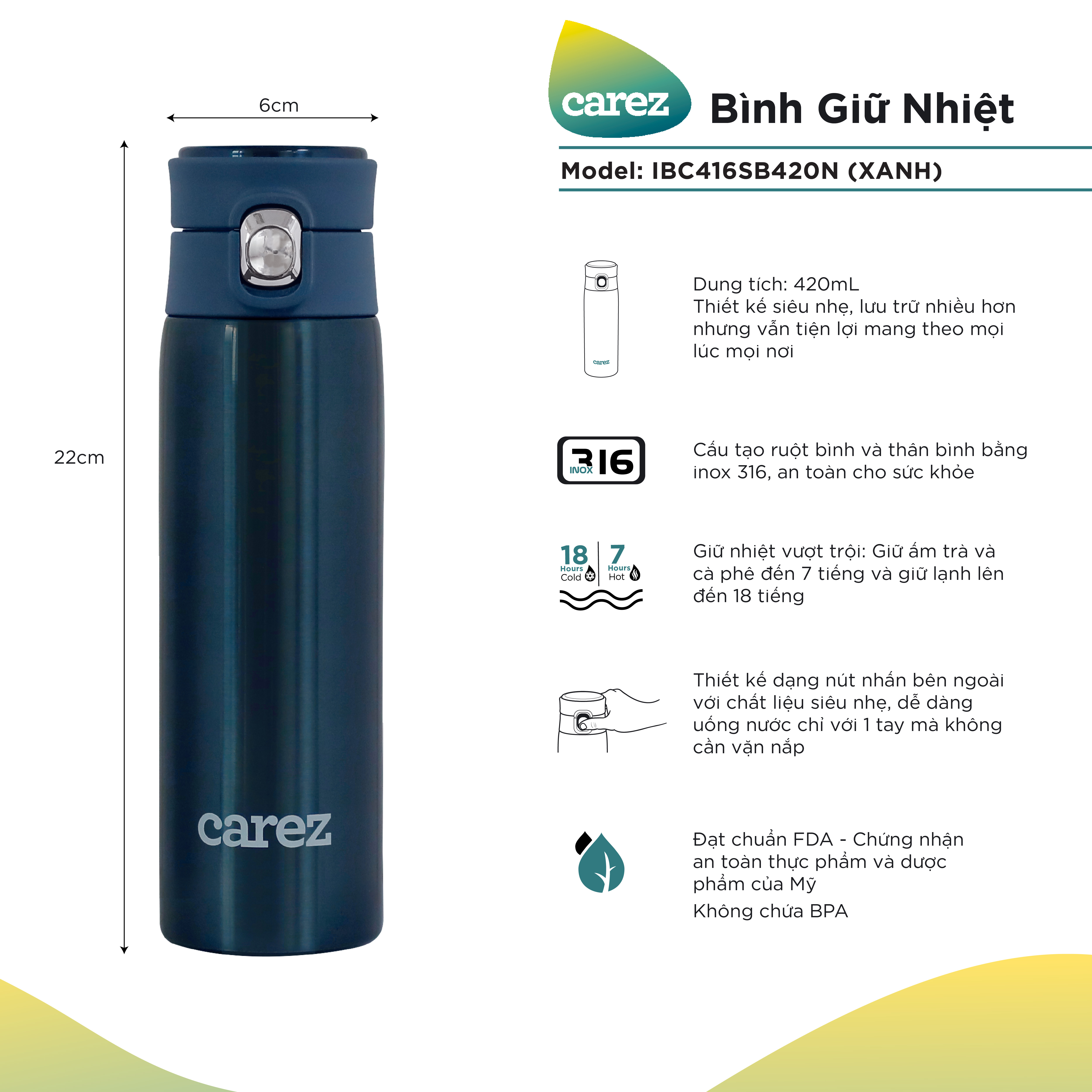 Bình Giữ Nhiệt Carez IBC416SB420N - Xanh- 420ml Inox 316 Không chứa BPA - Giữ nóng đến 7 tiếng giữ l