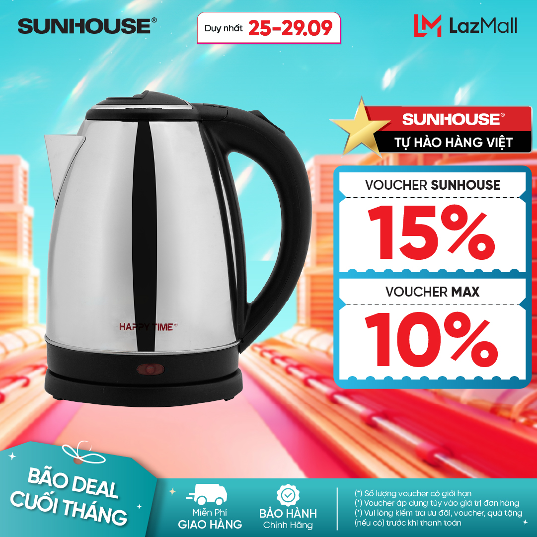 Ấm siêu tốc Inox 1.8L HAPPY TIME HTD1081 - Công suất 1500W - Bảo hành 12 tháng - Hàng Chính Hãng