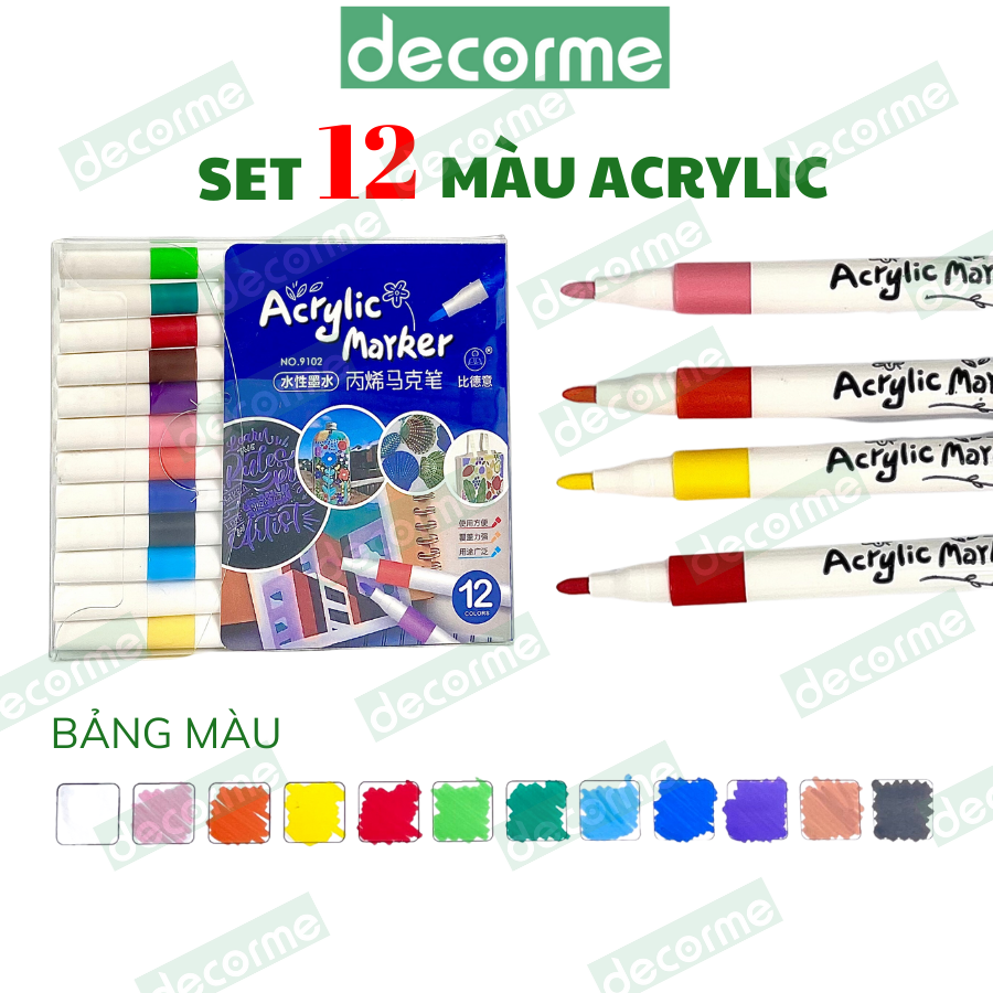 Bút Acrylic Marker Cao Cấp Decorme 12/24/36/48 màu bút sơn chống nước bút màu Acrylic vẽ trên mọi ch