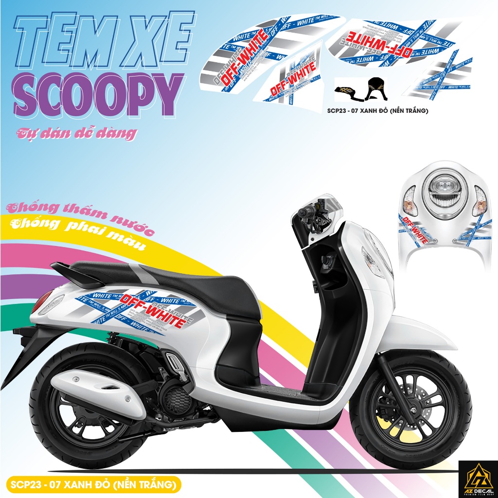 Tem Scoopy 2023 Mẫu Off White | SCP23-07 | Tem Dán Scoopy Đen Trắng Đỏ Decal Chống Nước Bền Màu