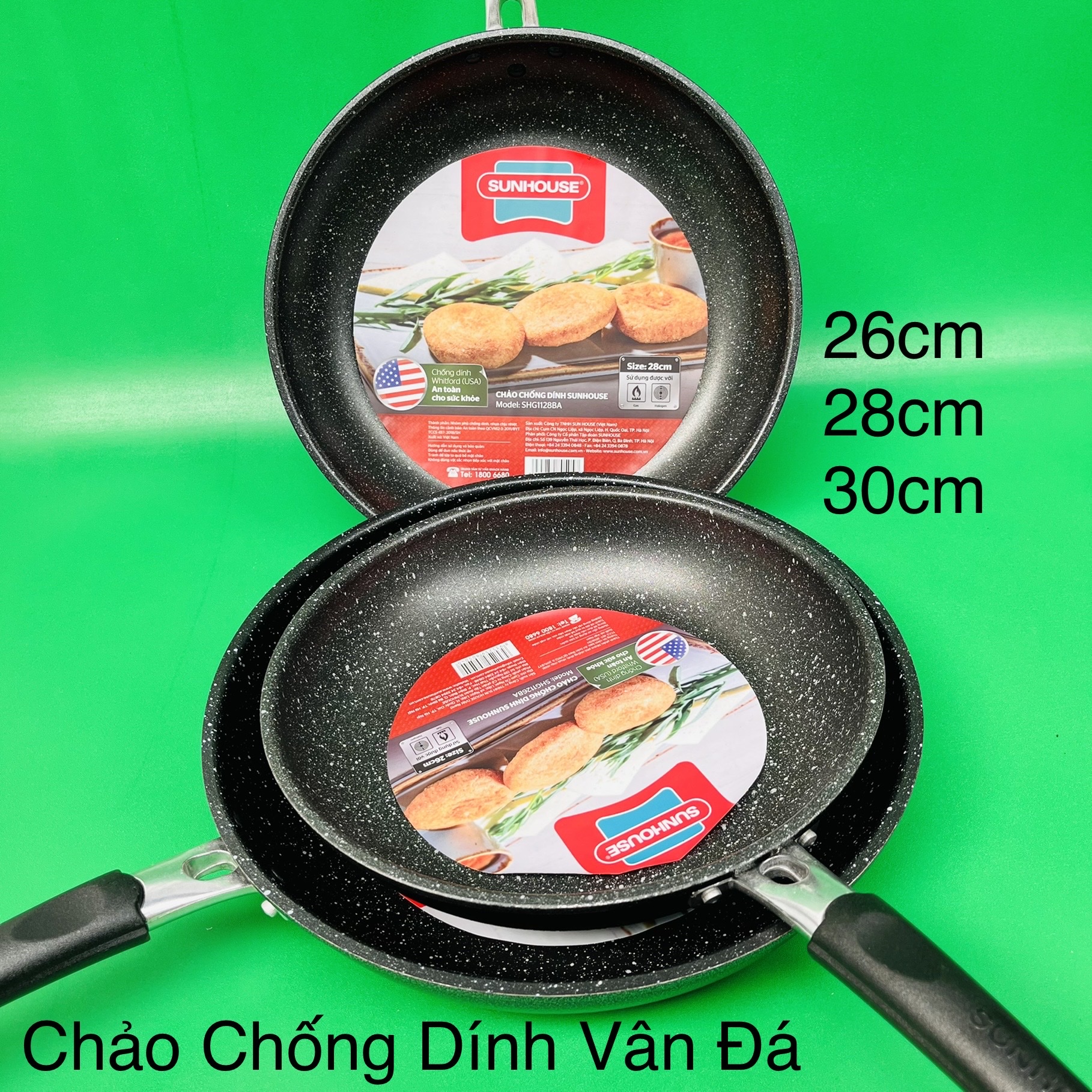 Chảo chống dính Vân Đá cao cấp SUNHOUSE 16cm / 18cm / 20cm / 26cm / 28cm / 30cm  Nhôm tấm cao cấp ng